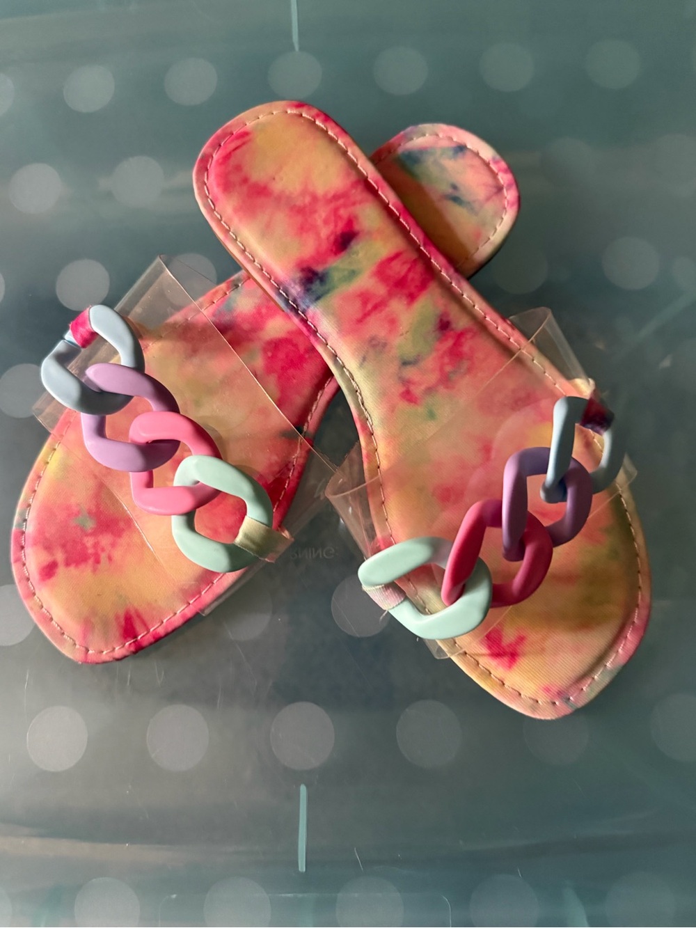 BAMBOO Pastel Tie-Dye Slide Sandals with Multicolor Chain